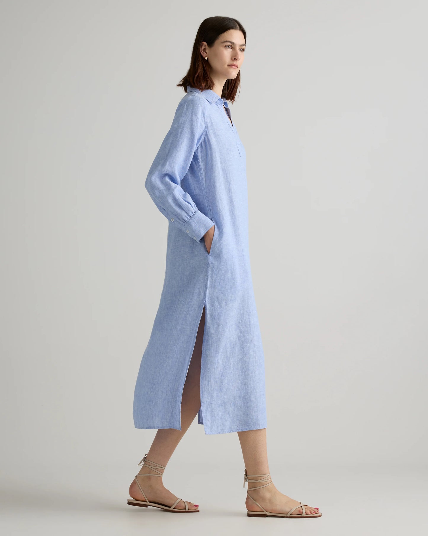 100% European Linen Popover Maxi Dress - XS / Blue Pinstripe