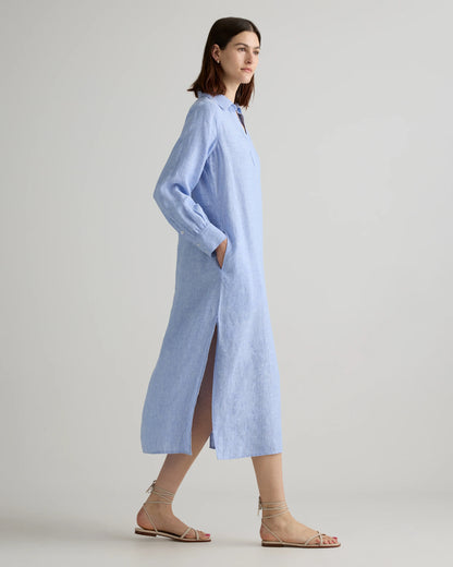 100% European Linen Popover Maxi Dress - XS / Blue Pinstripe