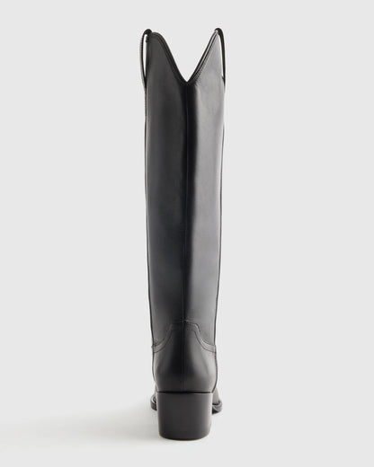 Italian Leather Tall Western Boots - 5 / Black