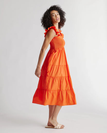 100% Organic Cotton Poplin Smocked Midi Dress - XS / Riviera Blue Heirloom Floral