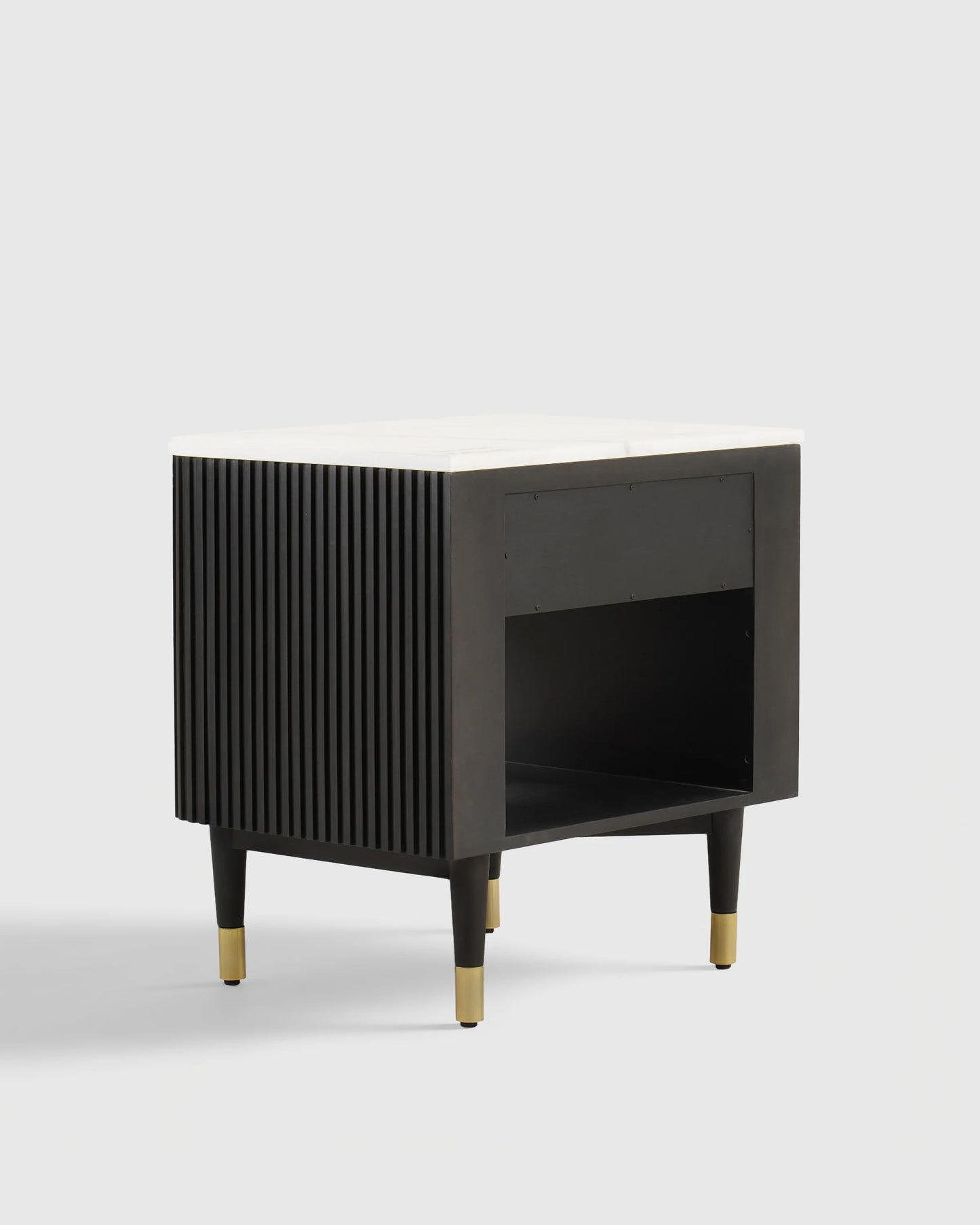 Fluted Wood and Genuine Marble Open Nightstand - One Size / Cream/Black