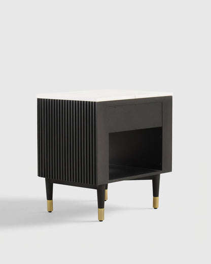 Fluted Wood and Genuine Marble Open Nightstand - One Size / Cream/Black