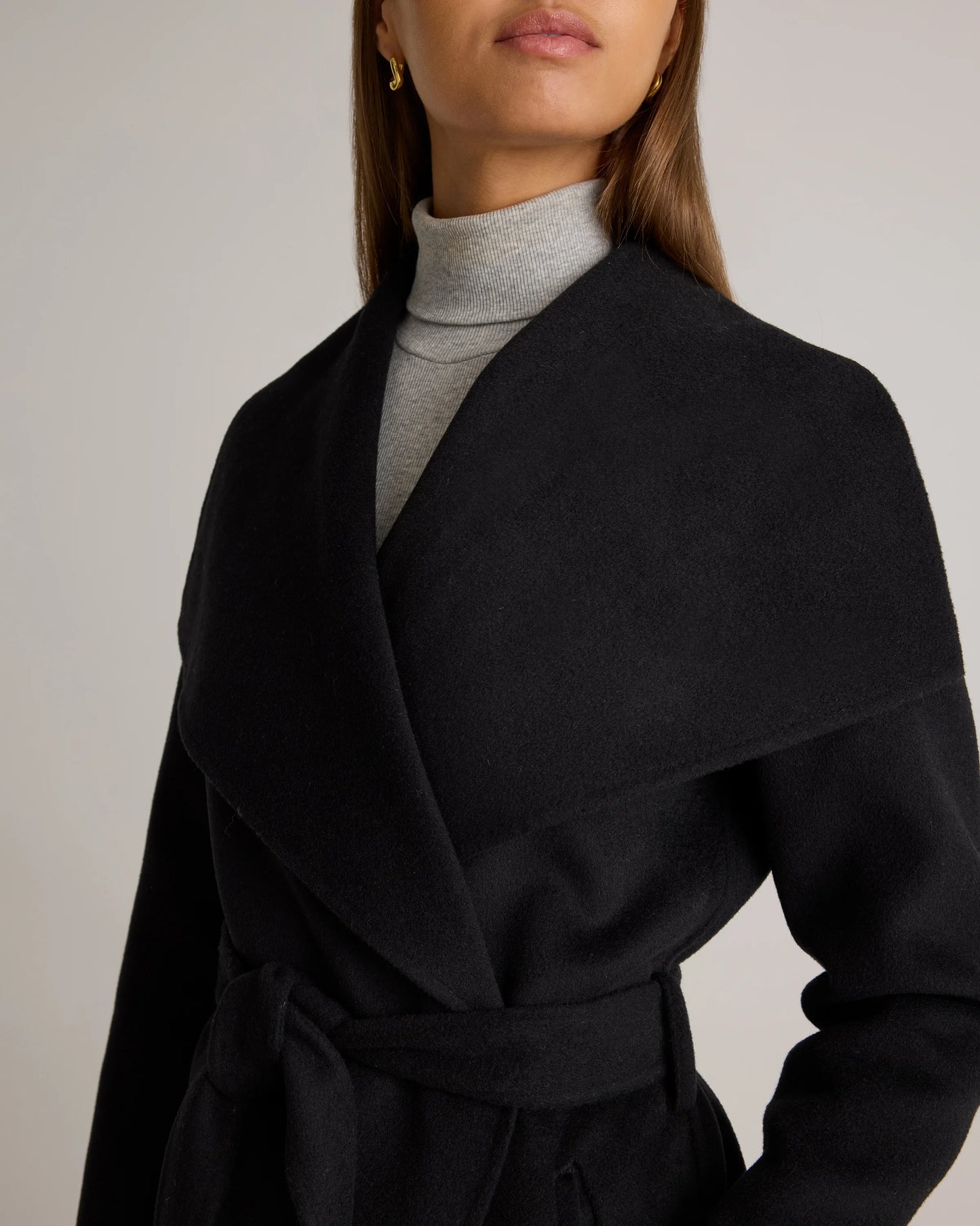 Double-Faced Merino Wool Draped Collar Short Wrap Coat - XS / Cocoa Melange