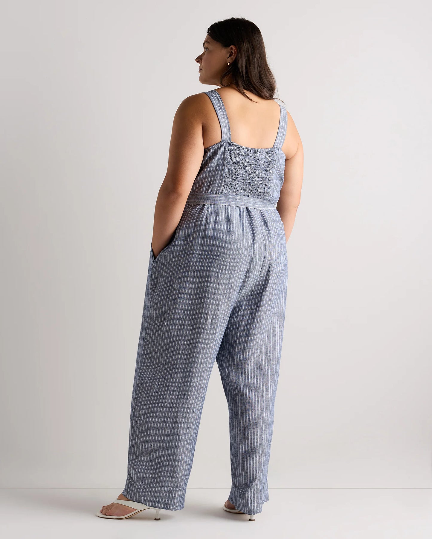 100% European Linen Square Neck Jumpsuit - 1X / Deep Navy