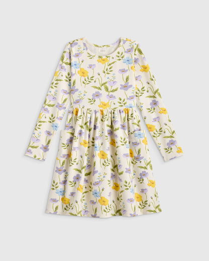 Organic Cotton Long Sleeve Fit and Flare Pocket Dress - 6 / Purple Poppy Garden