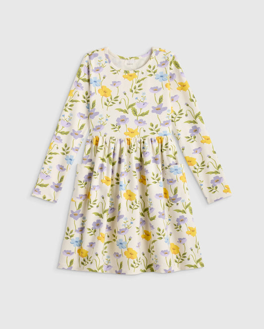 Organic Cotton Long Sleeve Fit and Flare Pocket Dress - 6 / Purple Poppy Garden