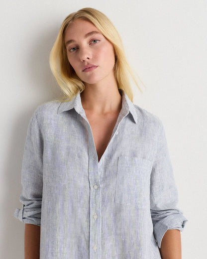 100% European Linen Shirt Dress - XS / Sky Blue Mariner Stripe