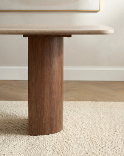 Marble Dining Table with Double Pedestal Base - 72" / Cream/Chestnut