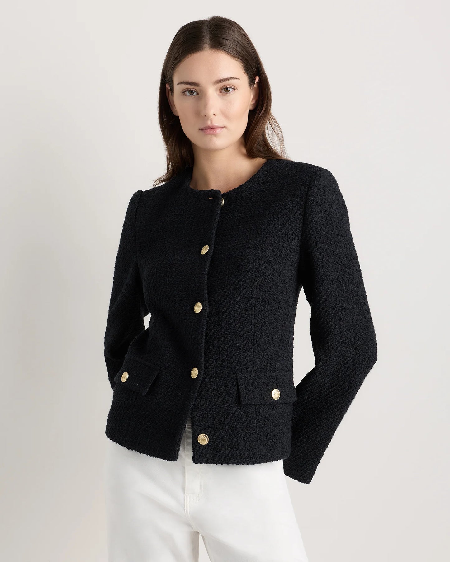 Tweed Collarless Jacket - XS / Deep Navy