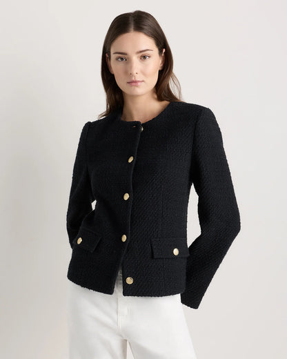 Tweed Collarless Jacket - XS / Deep Navy
