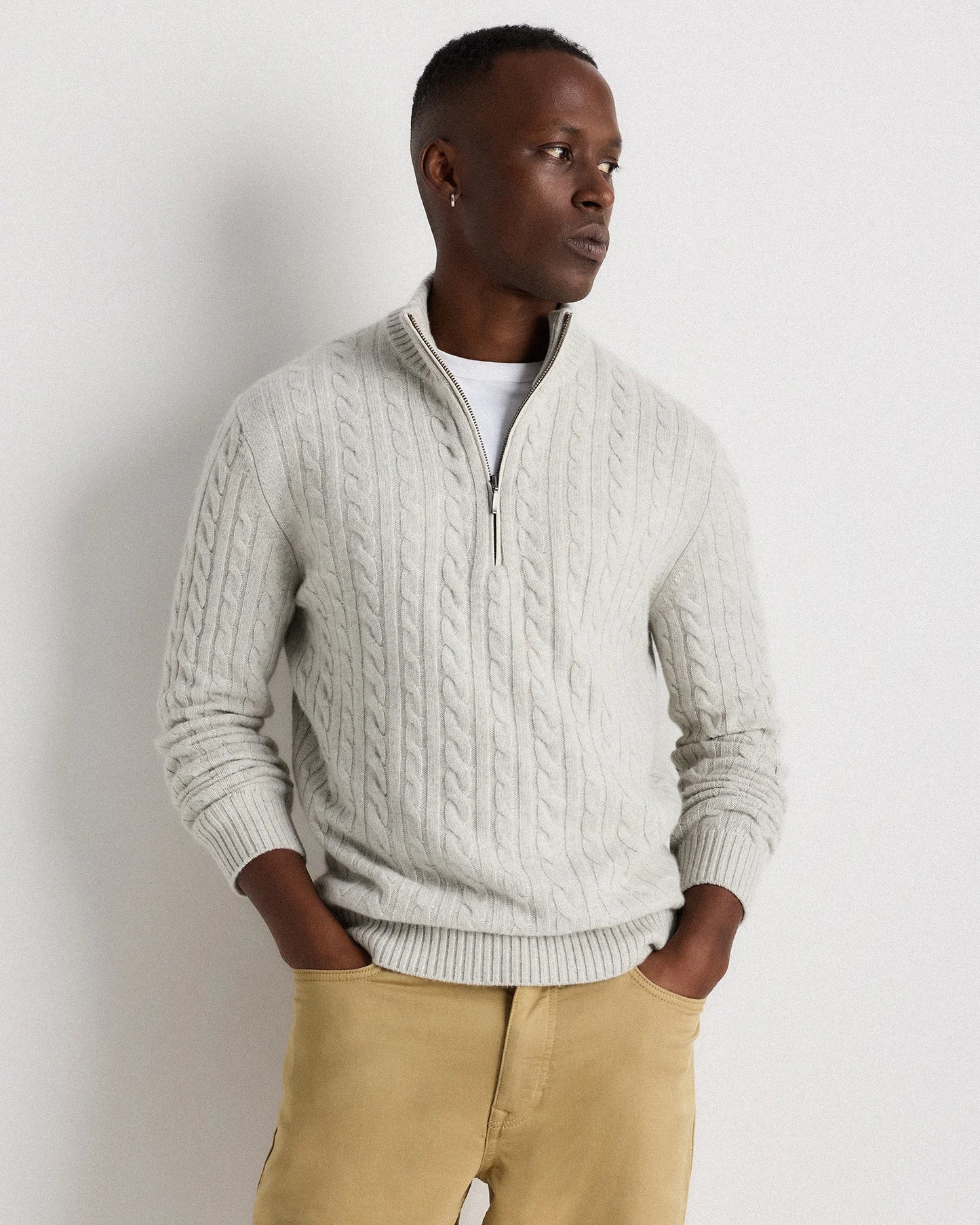Luxe Baby Cashmere Cable Quarter Zip Sweater - S / Pearled Ivory