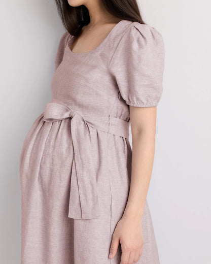 100% European Linen Maternity Short Sleeve Midi Dress - XS / Ivory Porcelain Blue Petite Floral