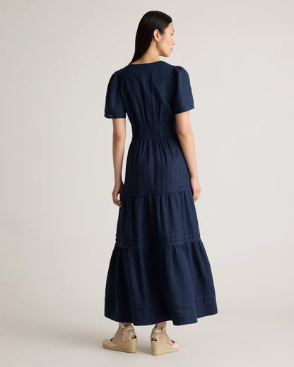 100% European Linen Tiered Maxi Dress - XS / Deep Navy