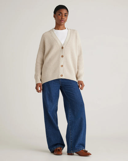 100% Organic Cotton Oversized Boyfriend Cardigan - XS / Speckled Beige