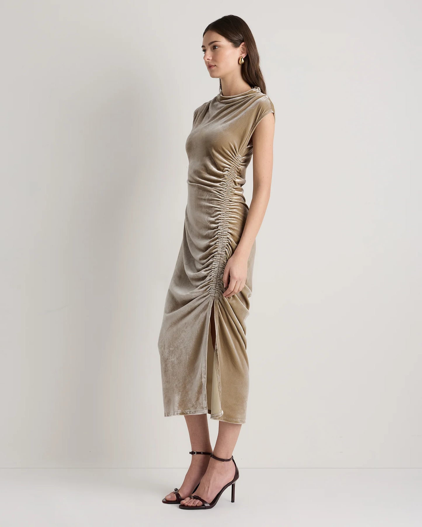 Stretch Silk Velvet Ruched Midi Dress - 0 / Black