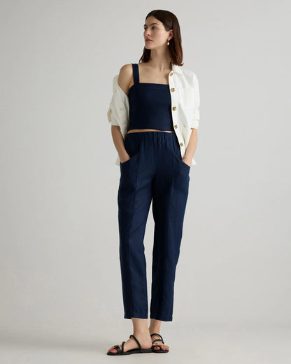 100% European Linen Tapered Ankle Pants - XS / Blue Pinstripe
