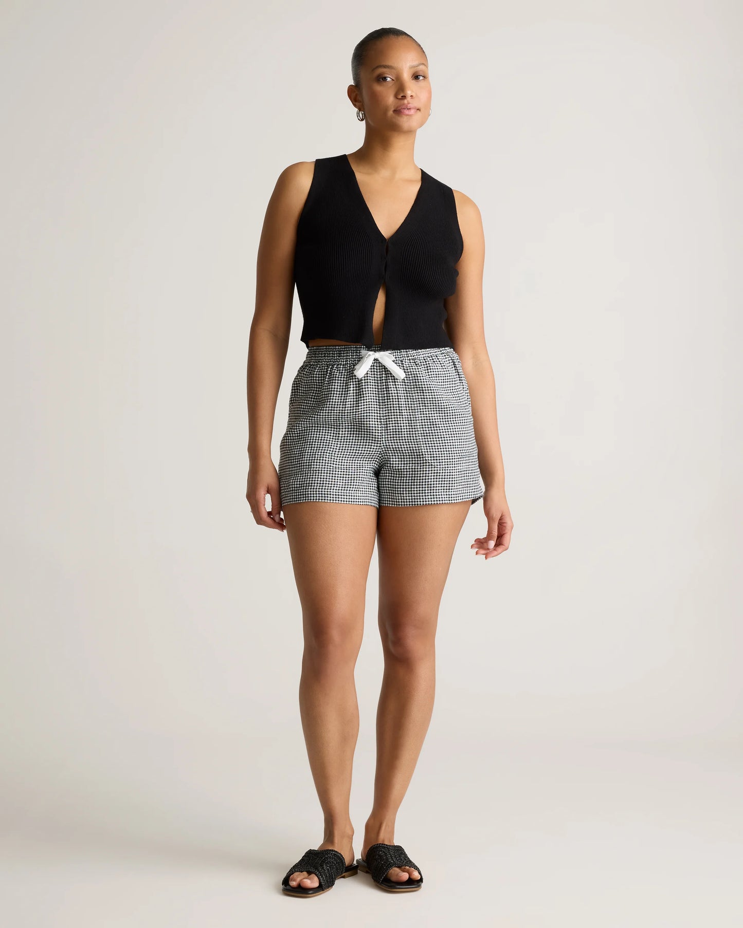 100% European Linen Shorts - XS / Taupe Brown Gingham