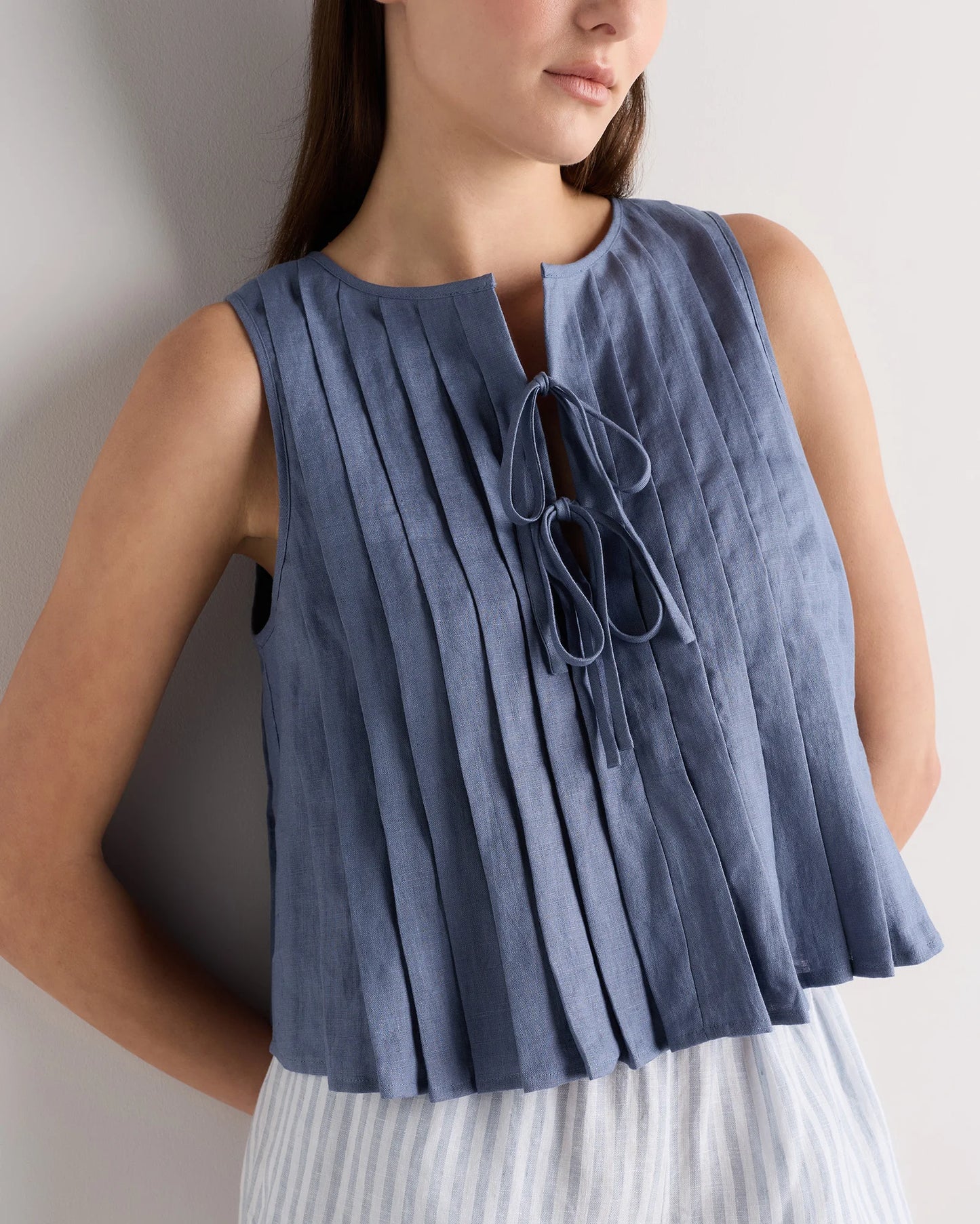 100% European Linen Pleated Tank - XS / Moonstone Blue