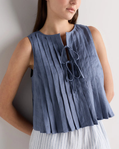 100% European Linen Pleated Tank - XS / Moonstone Blue
