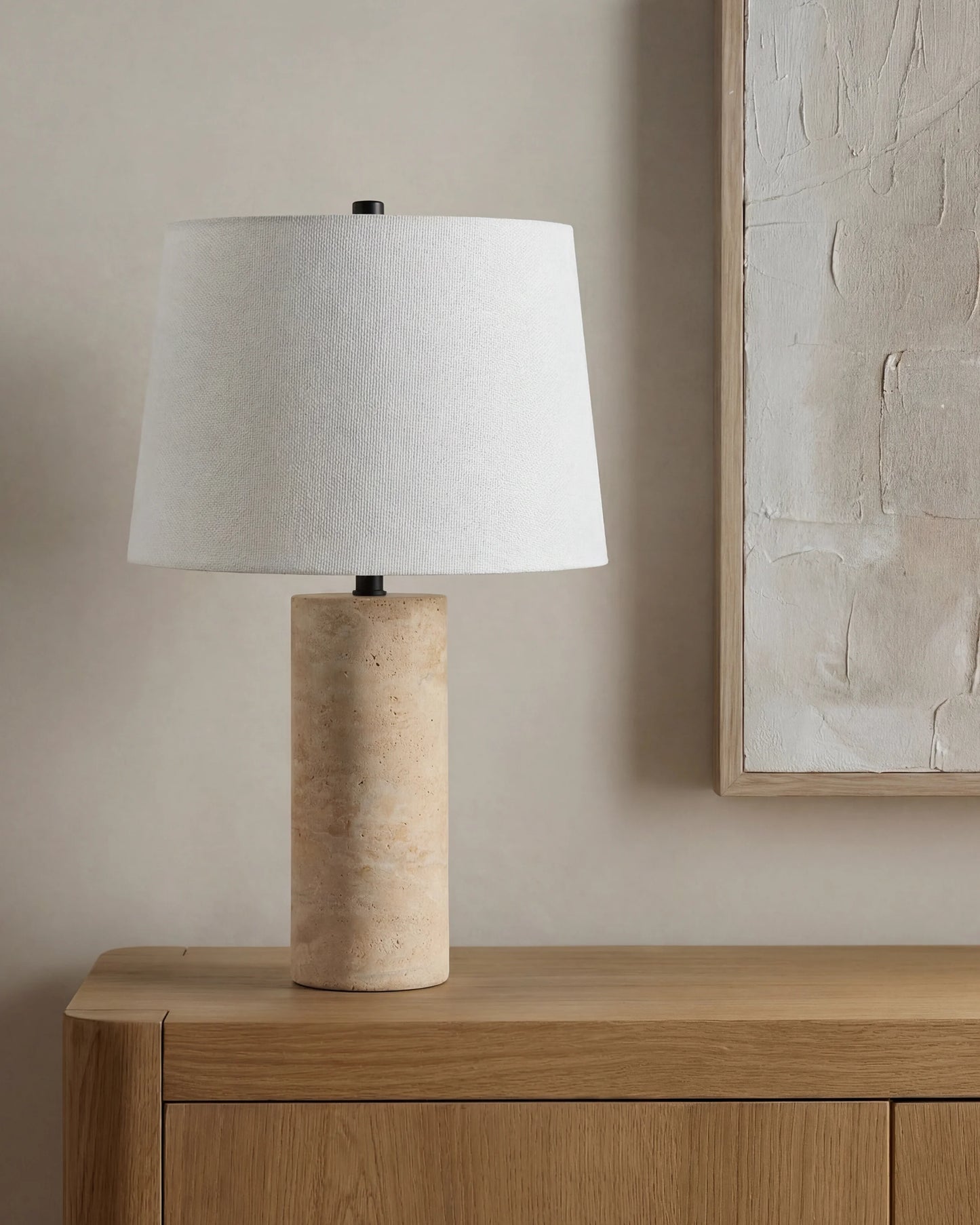 Travertine Table Lamp with Drum Shade - Column / Beige