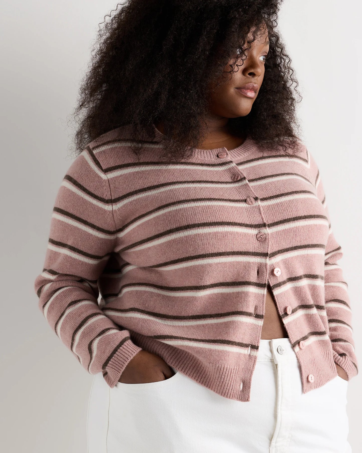 Mongolian Cashmere Cropped Crew Cardigan - 1X / Heather Vintage Pink / Brown Variegated Stripe