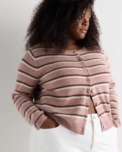 Mongolian Cashmere Cropped Crew Cardigan - 1X / Heather Vintage Pink / Brown Variegated Stripe