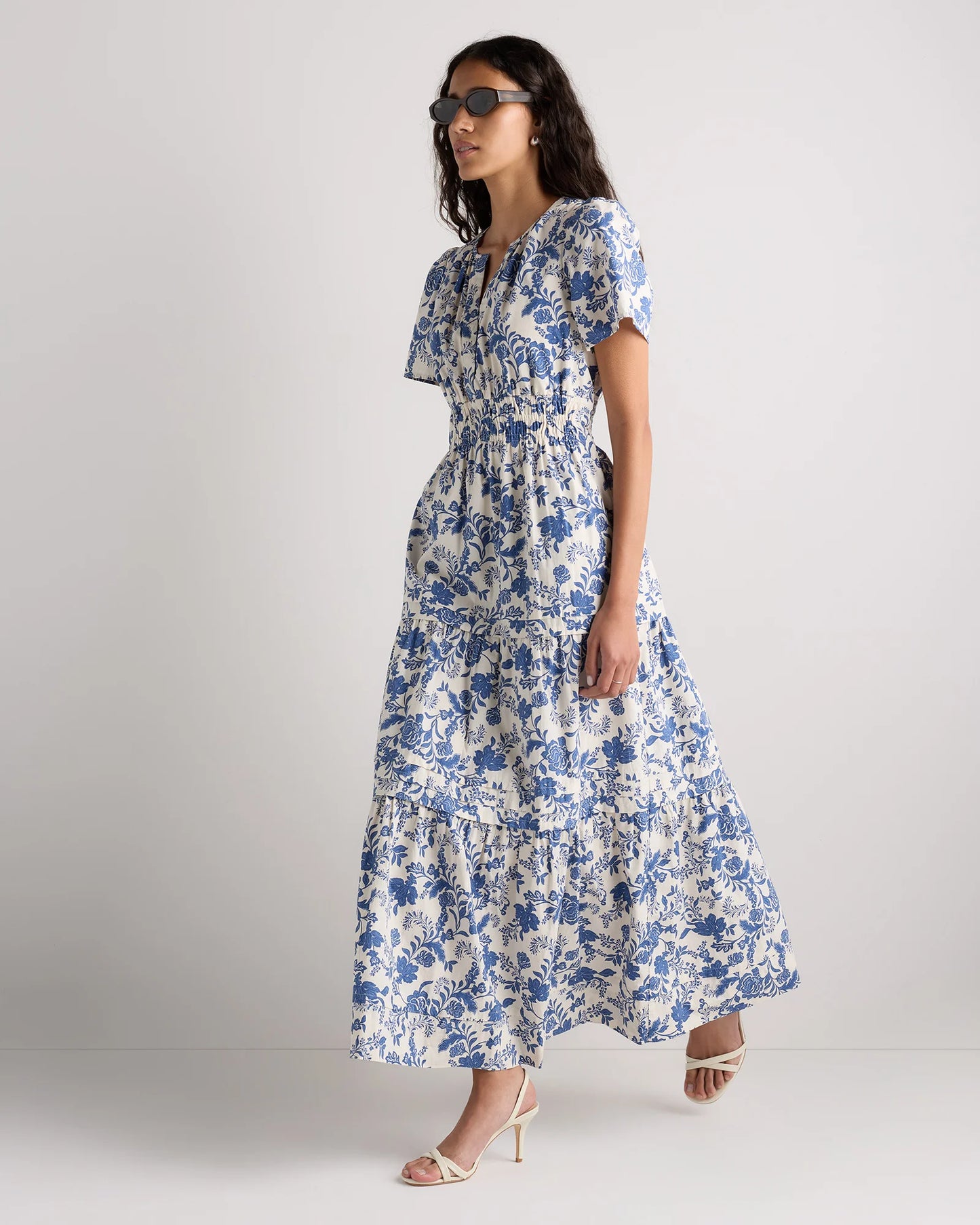 100% Organic Cotton Poplin Tiered Maxi Dress - XS / Riviera Blue Heirloom Floral
