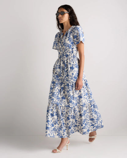 100% Organic Cotton Poplin Tiered Maxi Dress - XS / Riviera Blue Heirloom Floral