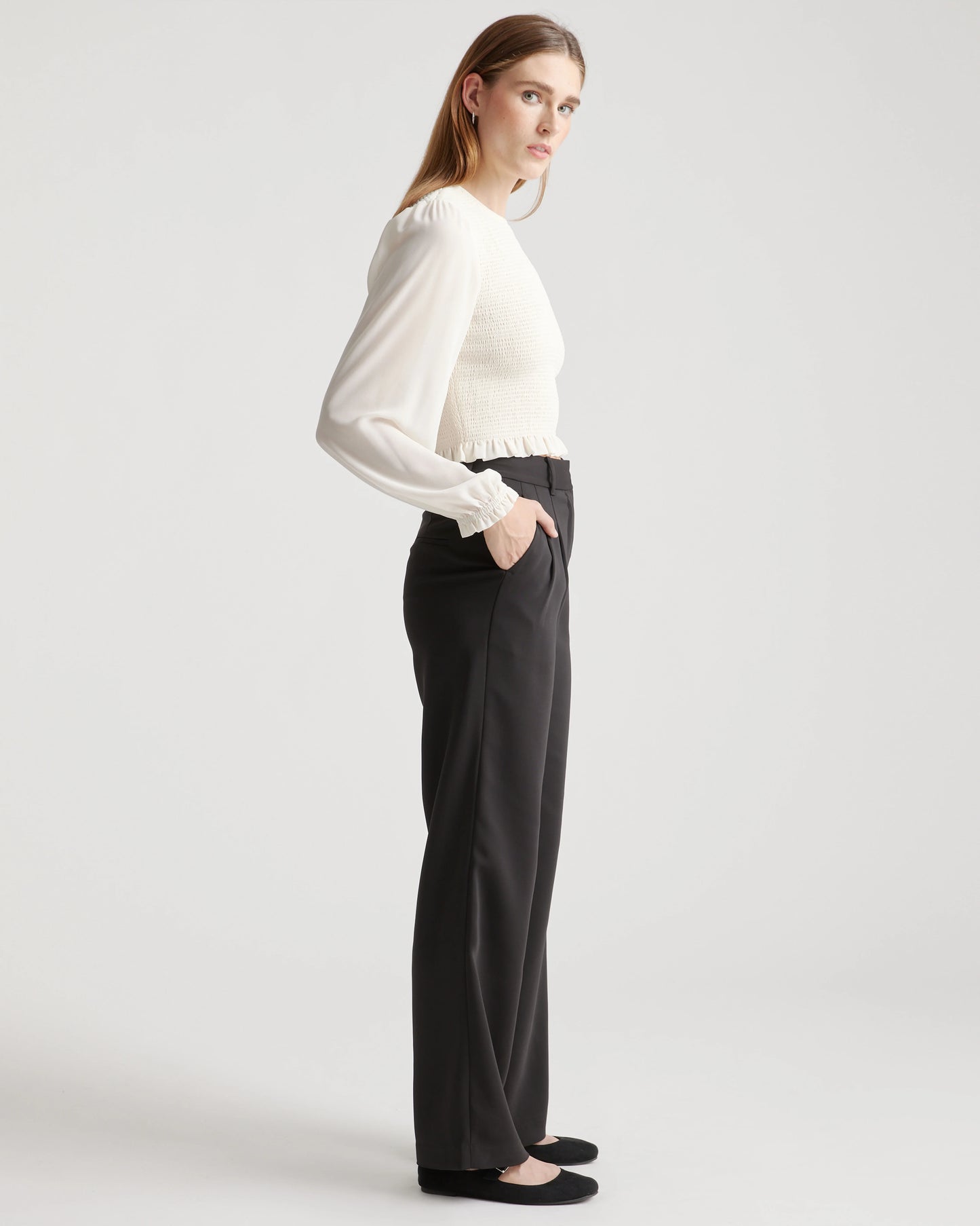 Chiffon Cropped Smocked Blouse - XS / Ivory