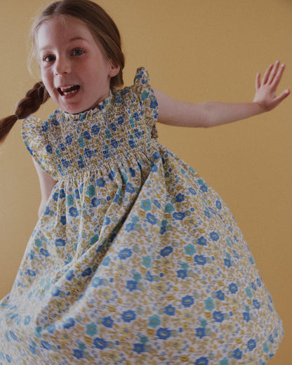 100% Organic Cotton Poplin Smocked Flutter Sleeve Dress - 2T / Blue Ditsy Floral