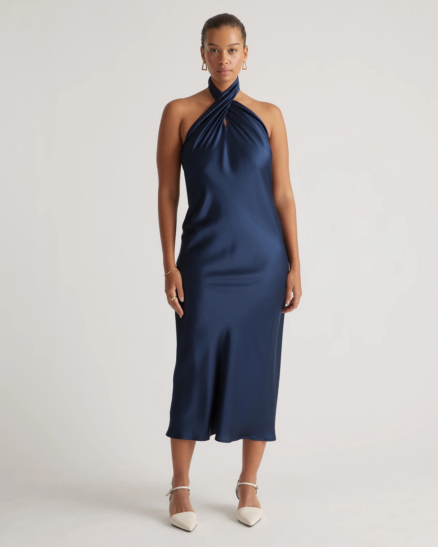 100% Washable Silk Twist Halter Midi Dress - XS / Black