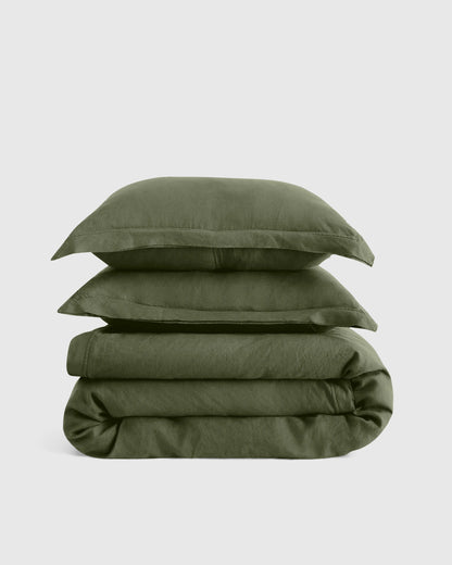 European Linen Double Flange Duvet Cover Set - Twin / Dusty Olive