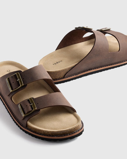 Nubuck Leather Double Buckle Slide - 7 / Black