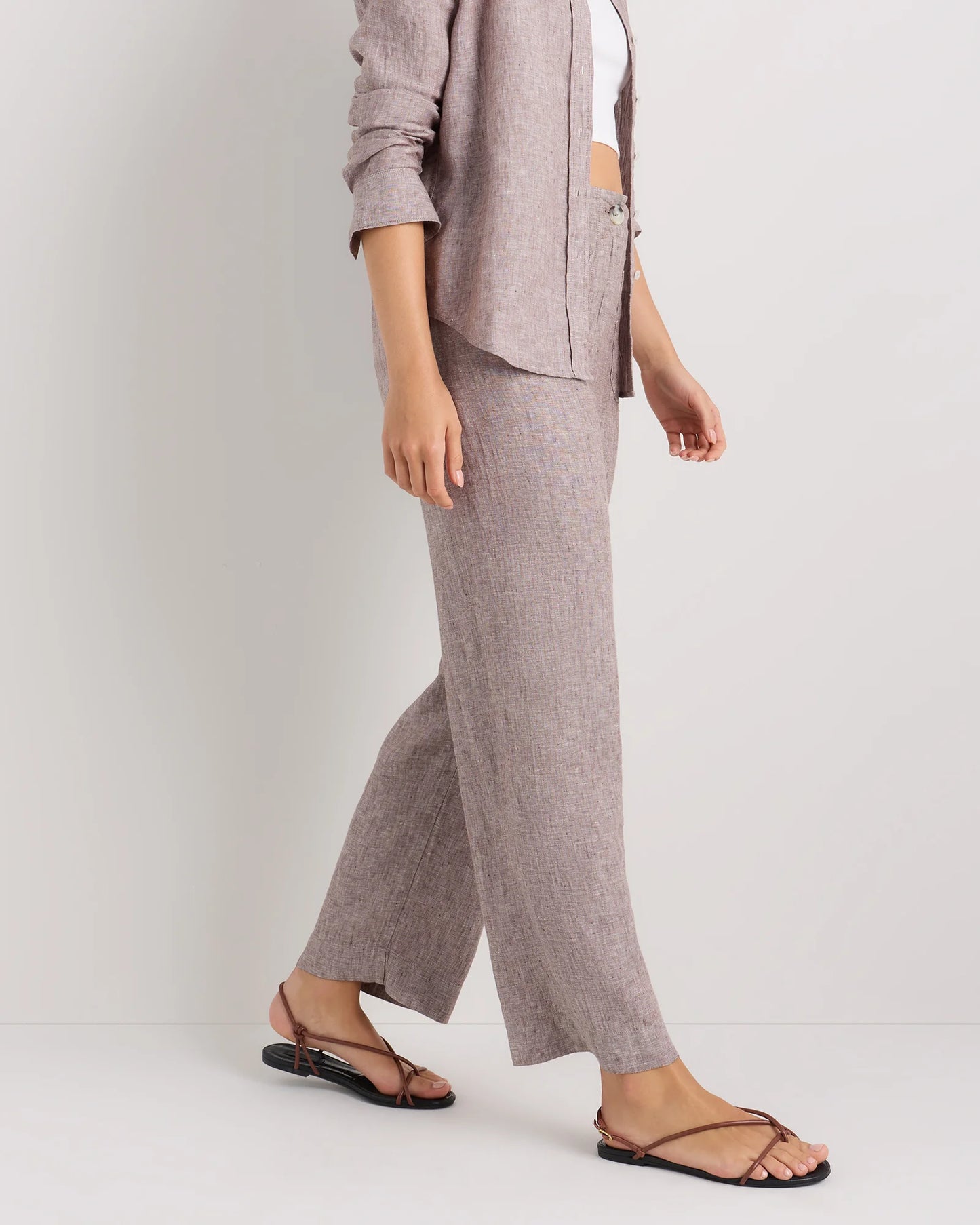 100% European Linen Patch Pocket Wide Leg Pants - 0 / Taupe Brown Chambray