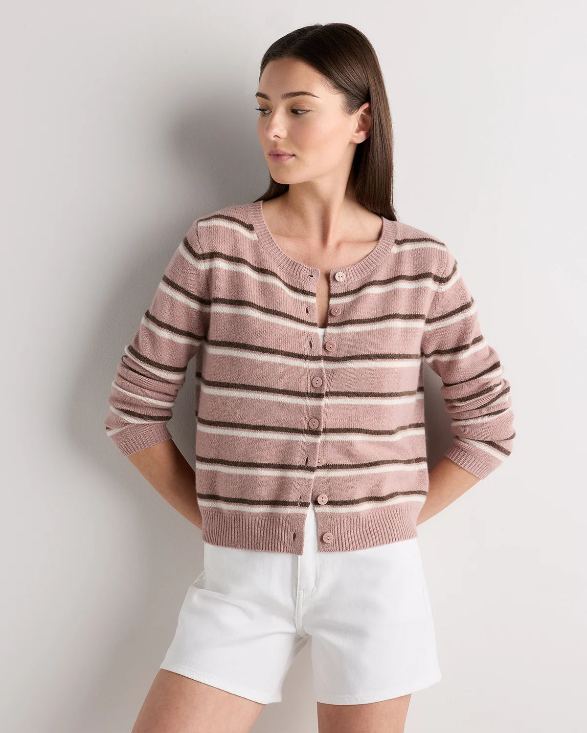 Mongolian Cashmere Cropped Crew Cardigan - XS / Heather Vintage Pink / Brown Variegated Stripe