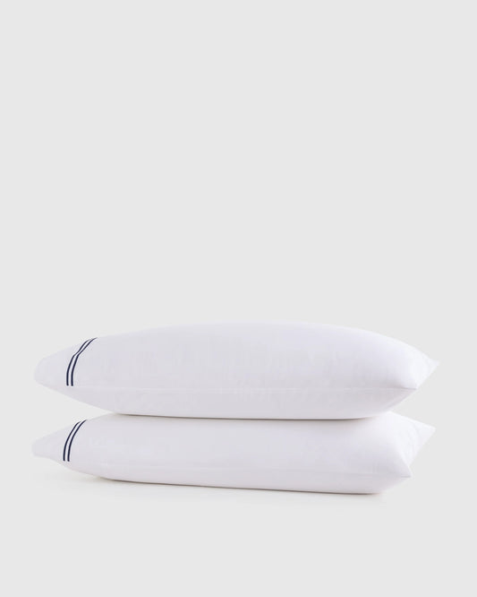 Organic Crisp Percale Embellished Pillowcase Set - Standard / White/Navy