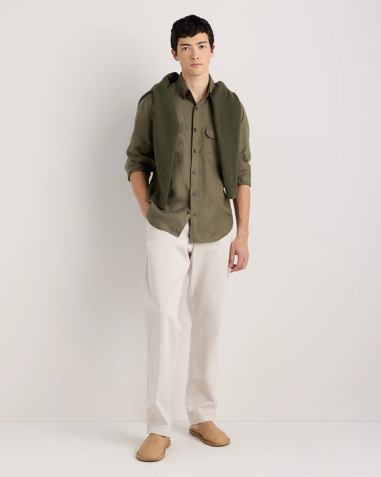 100% European Linen Utility Shirt - S / Taupe Brown Chambray