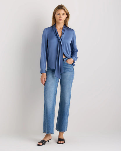 Washable Stretch Silk Tie Neck Blouse - XS / Moonstone Blue