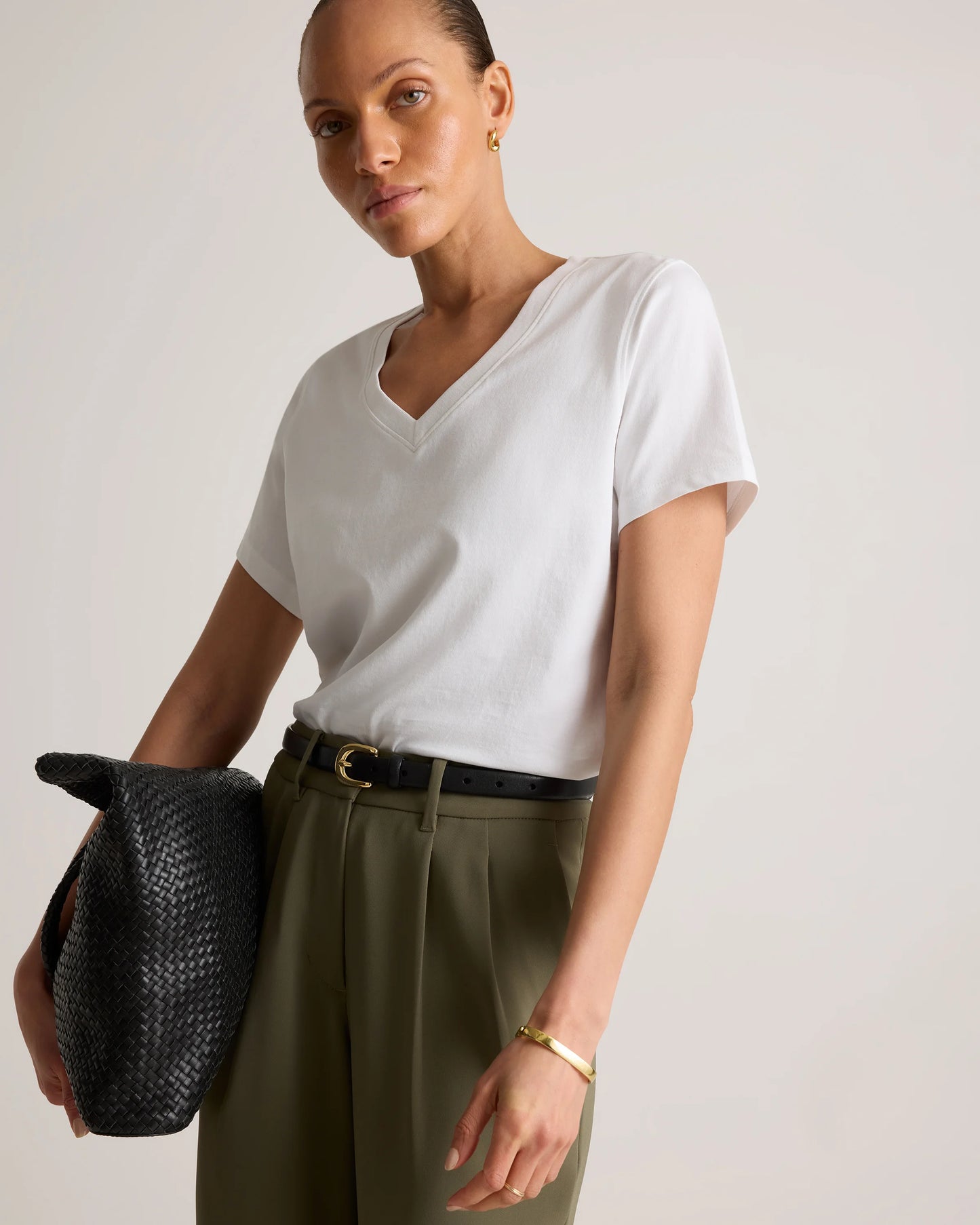 100% Organic Cotton Boxy V-Neck Tee - XS / Dusty Beige