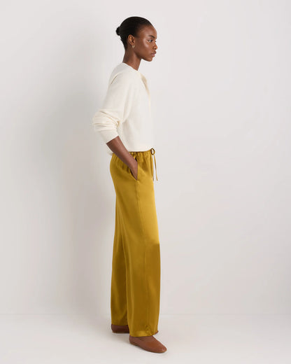 100% Washable Silk Drawstring Wide Leg Pants - XS / Champagne
