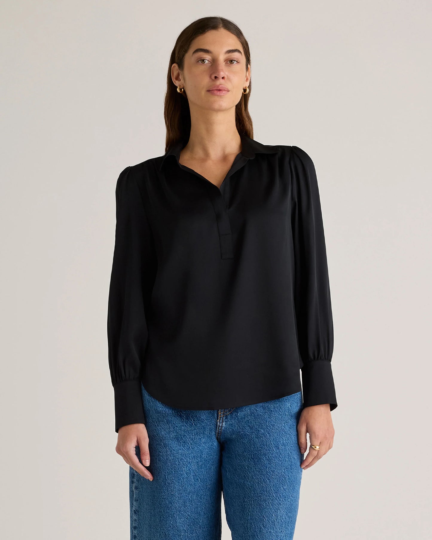 Washable Stretch Silk Split Neck Blouse - XS / Forest Green