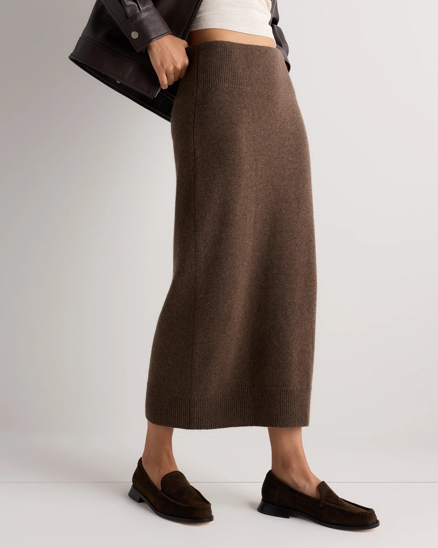 Mongolian Cashmere Fitted Midi Skirt - XS / Brown