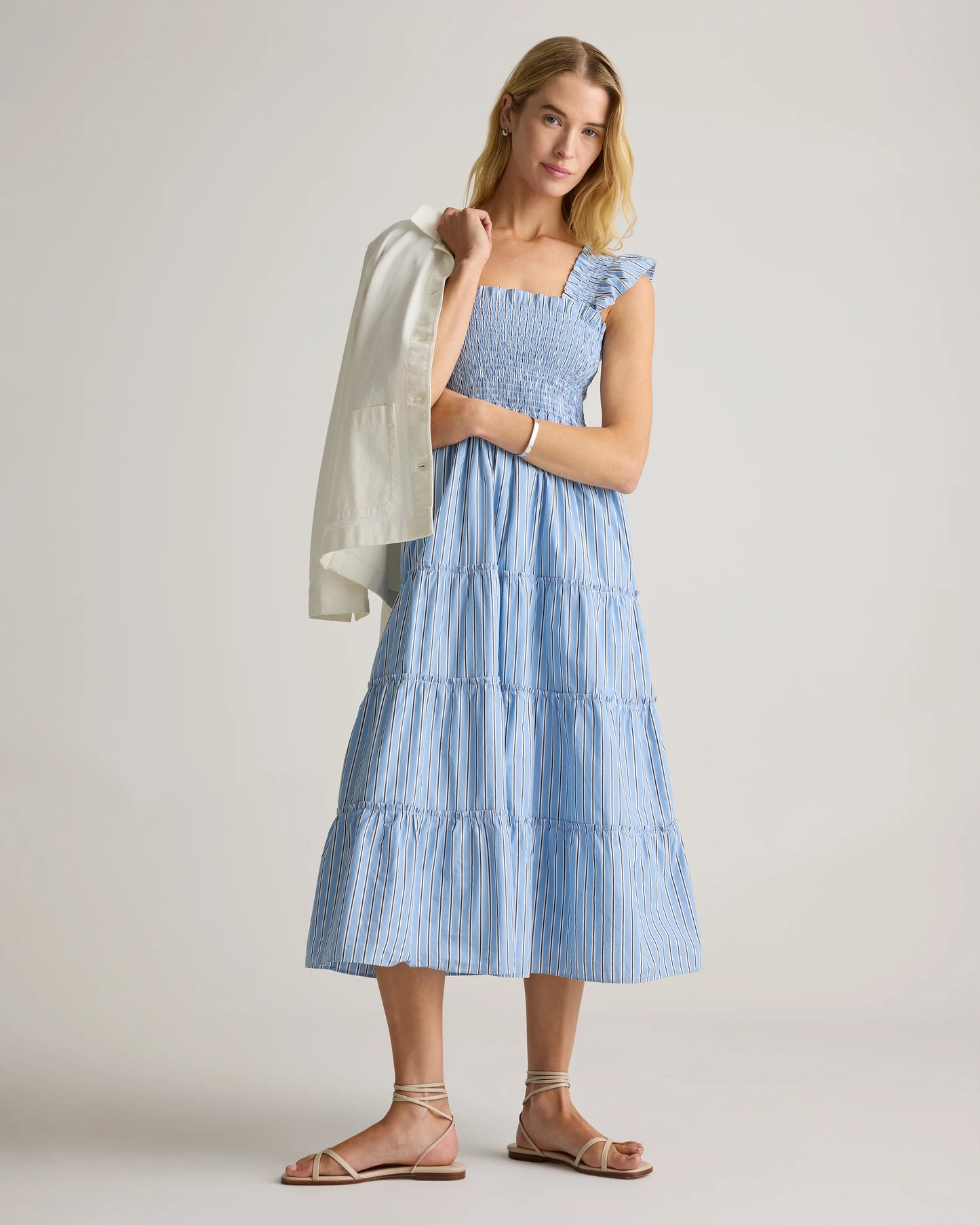 100% Organic Cotton Poplin Smocked Midi Dress - XS / Riviera Blue Heirloom Floral