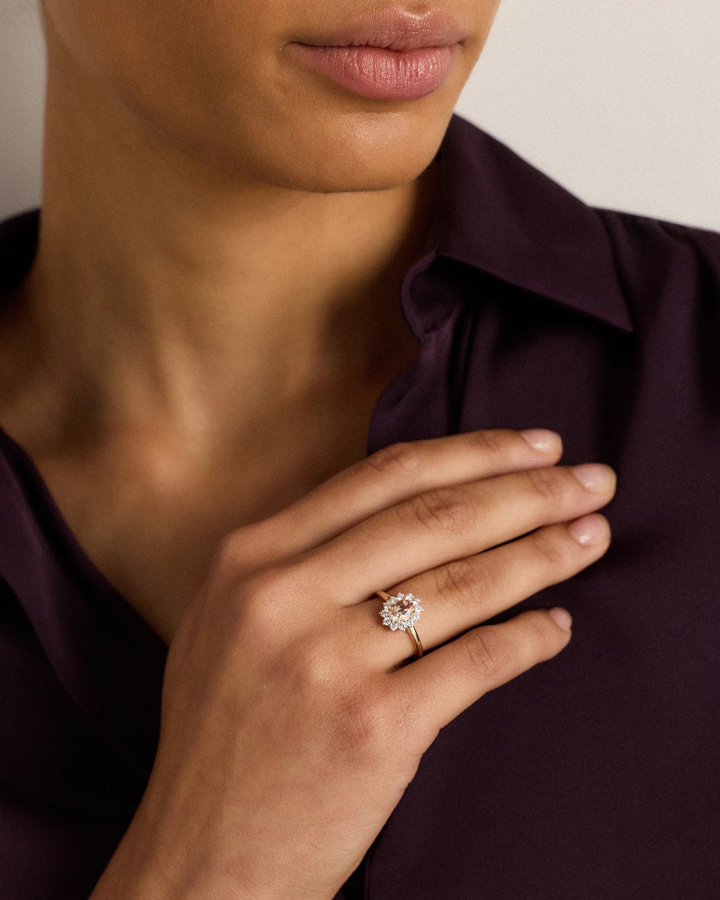 14K Gold Lab Grown Diamond and Morganite Halo Ring - 4 / White Gold