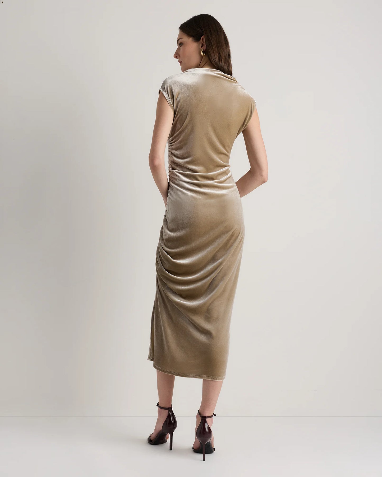 Stretch Silk Velvet Ruched Midi Dress - 0 / Black