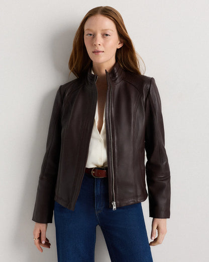 100% Leather Stand-Collar Jacket - XS / True Black