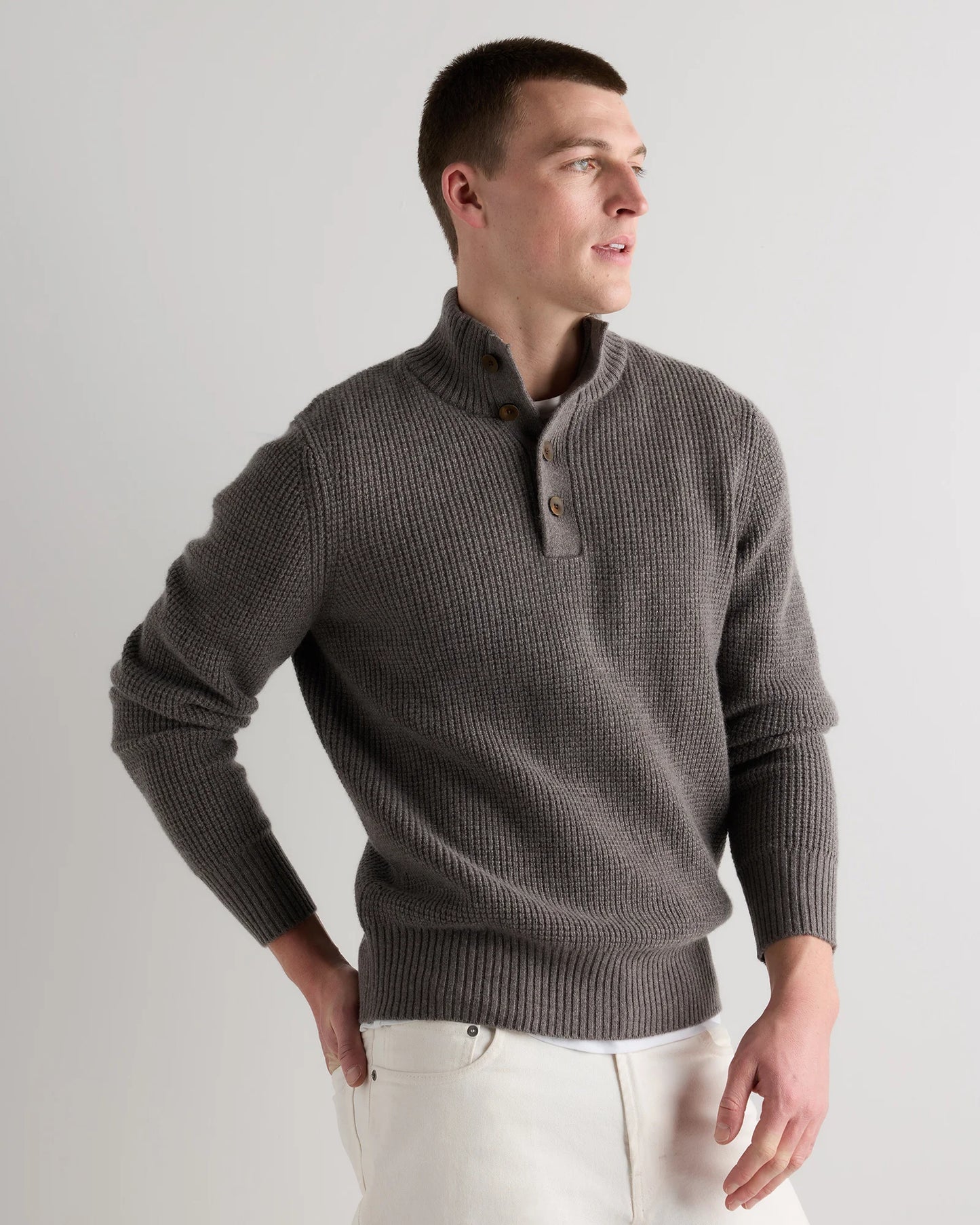 Mongolian Cashmere Waffle Quarter Button Sweater - S / Elk Brown