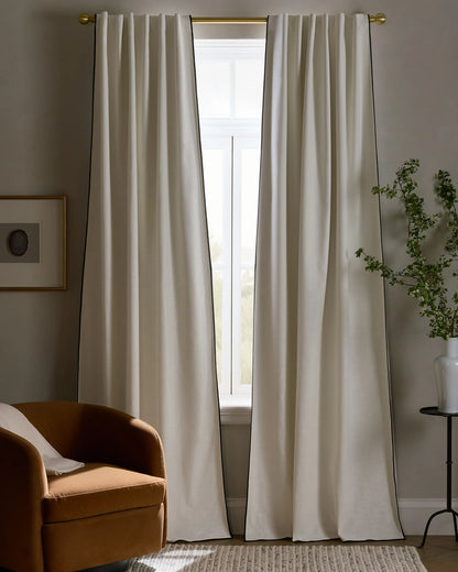 Piped Edge Cotton True Blackout Curtain - Single Panel - 48x84 / Natural/White Piping