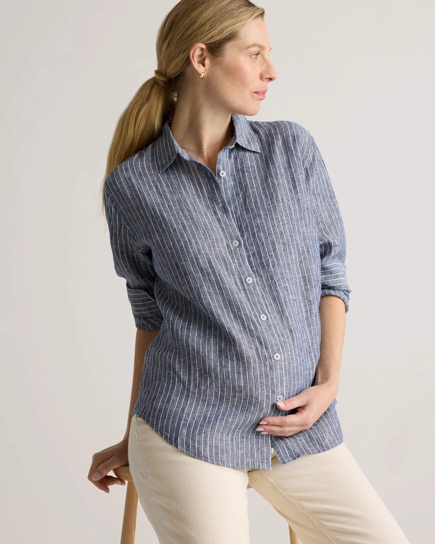 100% European Linen Maternity Long Sleeve Shirt - XS / Blue Pinstripe