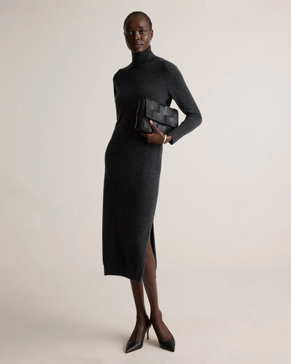 Mongolian Cashmere Turtleneck Midi Sweater Dress - XS / Charcoal